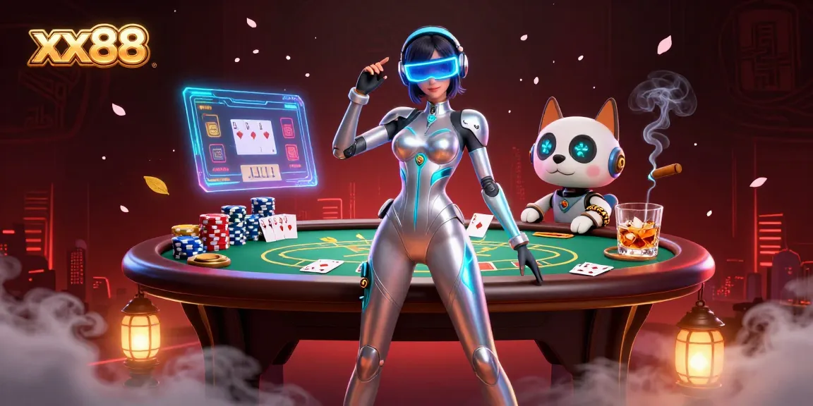 Experience thrilling gameplay at xx88 with a vibrant 3D casino illustration featuring a futuristic woman and robot dog.