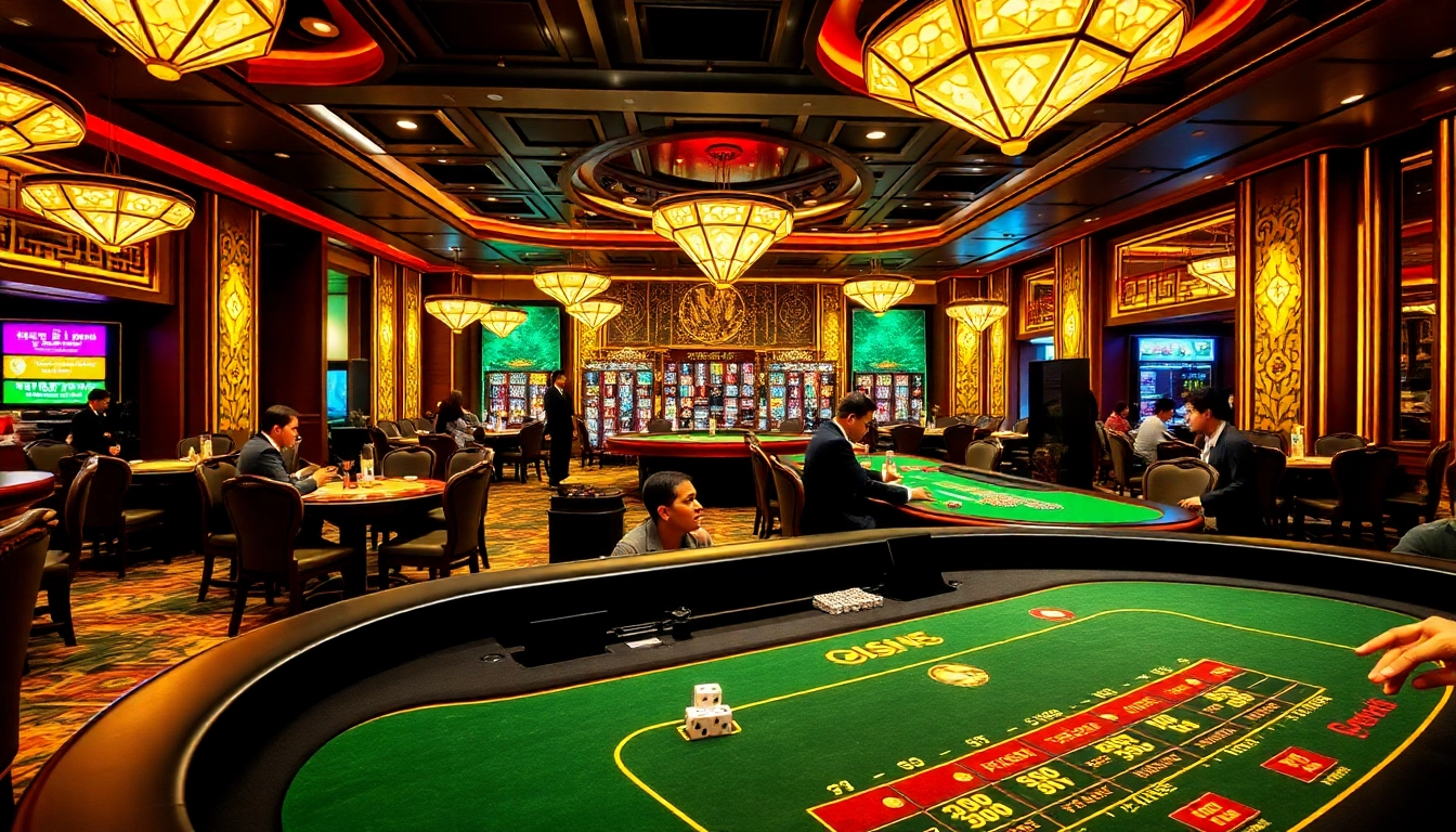 Tài Xỉu MD5 table with vibrant casino atmosphere featuring excited players placing bets and rolling dice.
