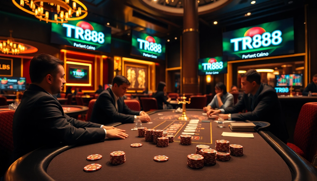 Engaged players strategizing at a TR88-themed poker table with vibrant casino elements.