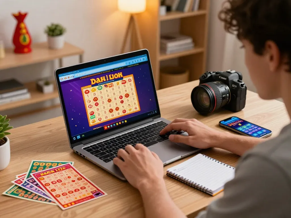 Engaged player participating in đánh lô online with vibrant lottery tickets and gaming apps.