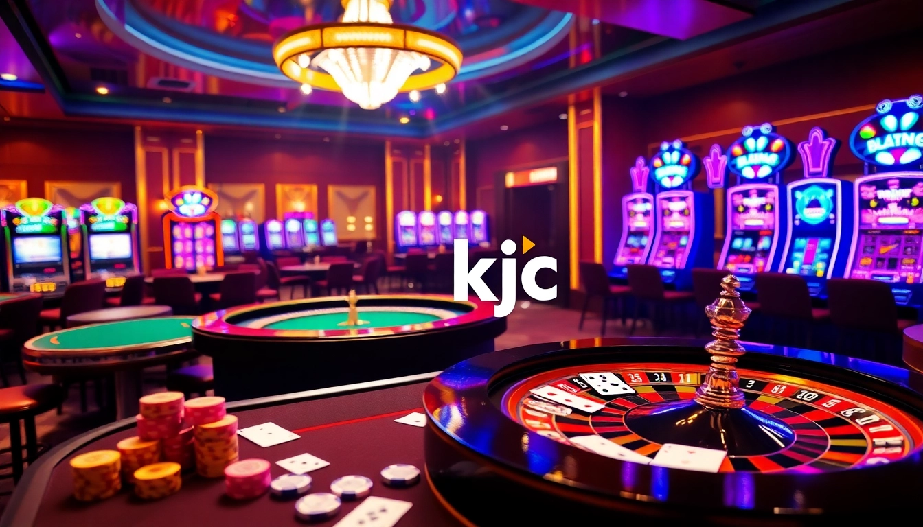 A captivating casino scene showcasing trang chủ kjc with elegant poker tables, vibrant slot machines, and luxurious betting elements.