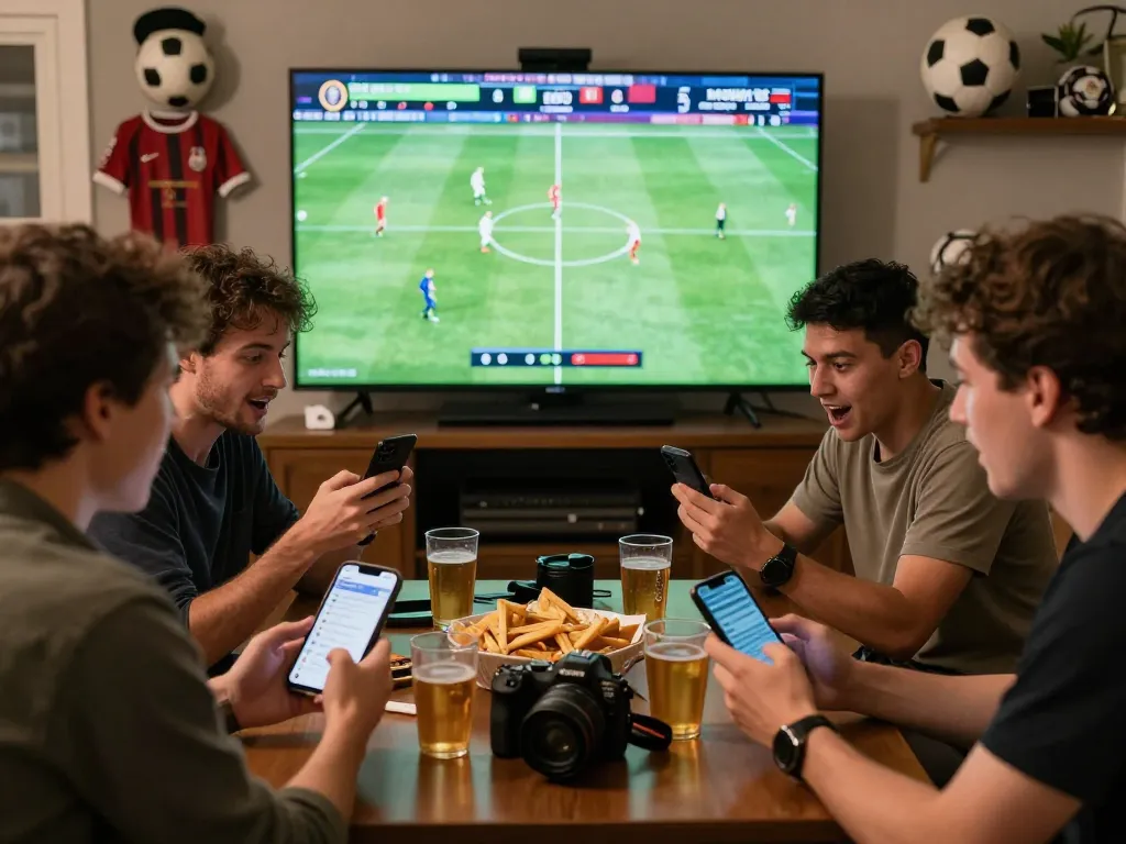 Exciting group of friends analyzing 1gom sports betting odds during live football matches