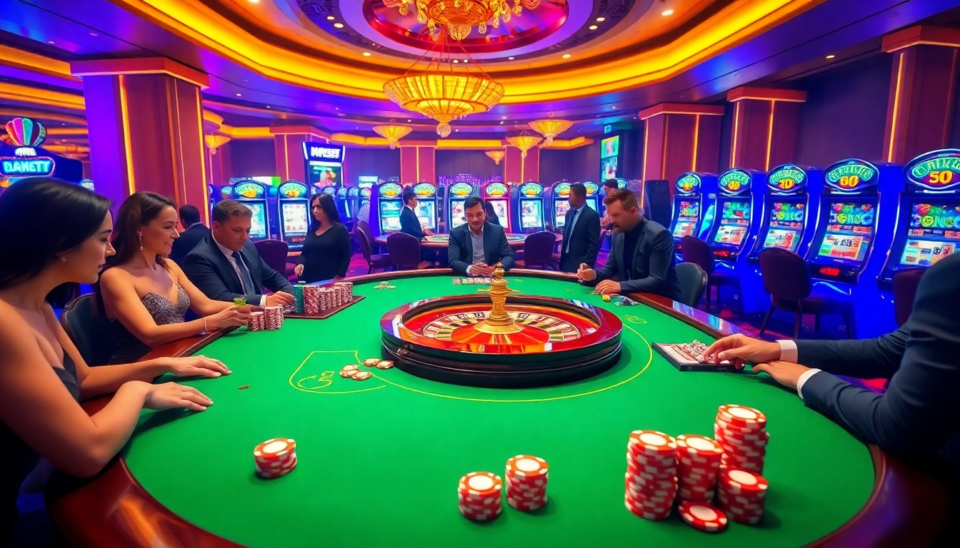 Engaging players test their strategies at KK55's vibrant casino tables with colorful chips.