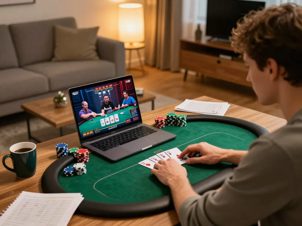 Engaging in a Ricbet online poker game at home, showcasing strategy and thoughtful gameplay.