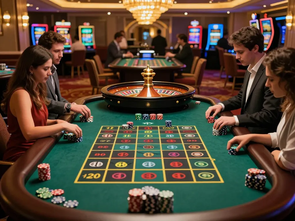 Engaged players placing bets at the vibrant roulette table showcasing 89bet's casino excitement.