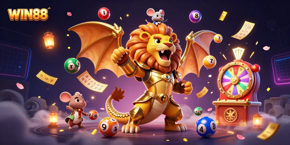 WIN88 highlights a triumphant chimera and mouse jockey amidst games, exploding with vibrant lottery balls and golden tickets.