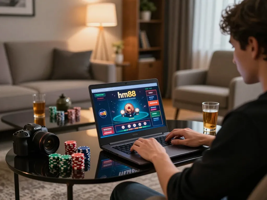 Player immersed in online hm88 gaming on laptop, showcasing excitement in a cozy living room.