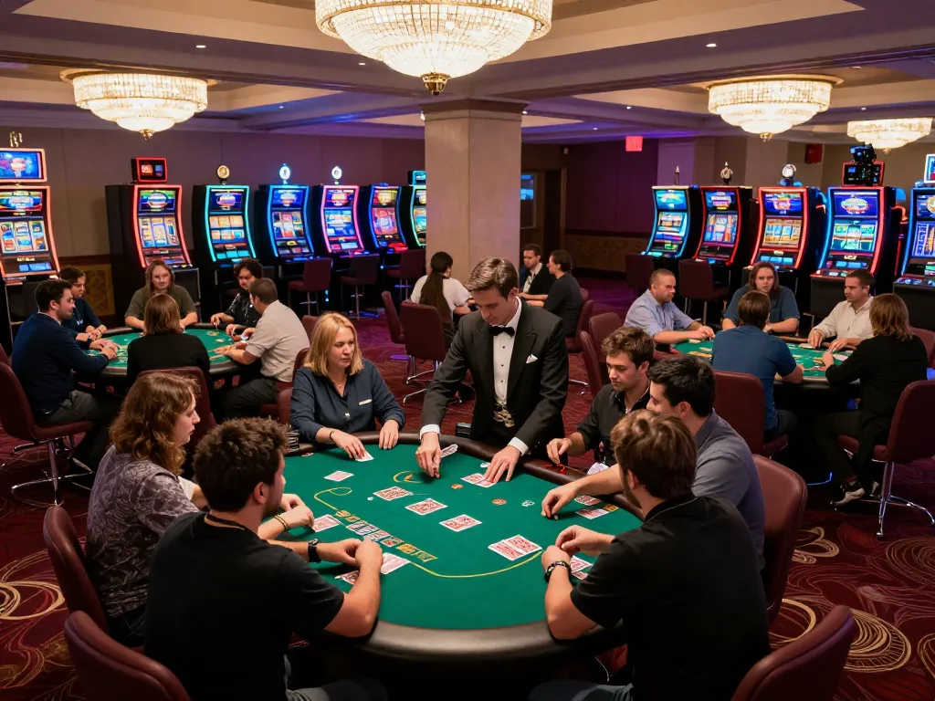 Engaged players at Onbet placing bets during an exciting poker game on a vibrant casino floor