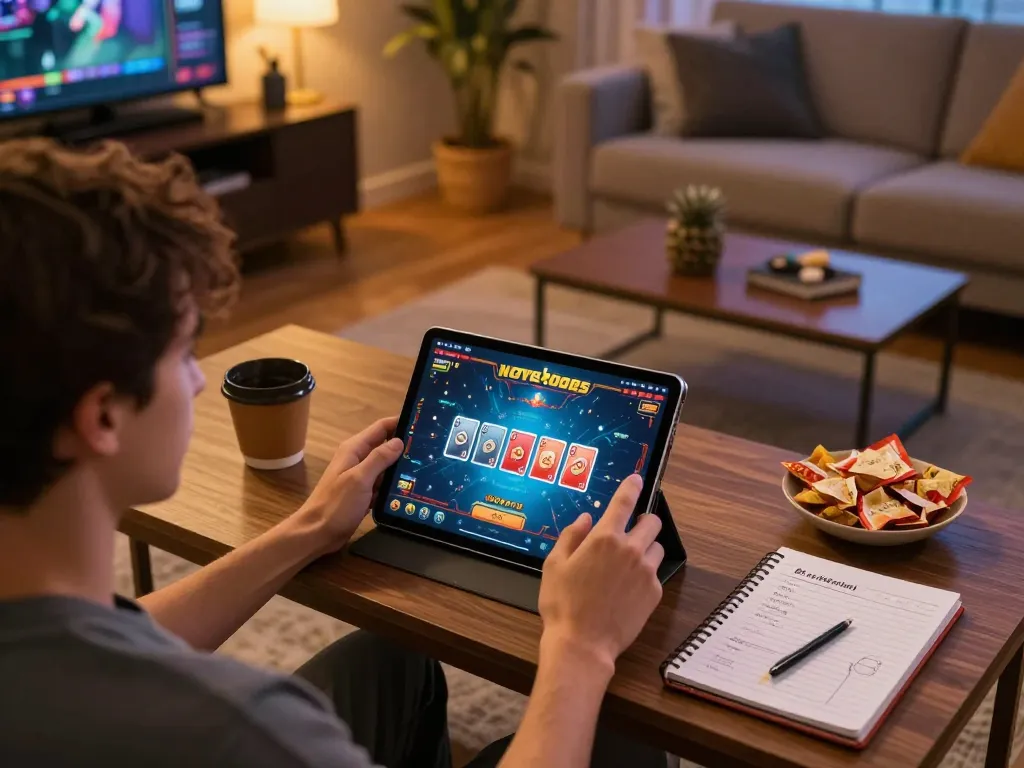 Engaging online gaming session on FLY8800 with vibrant tablet interface, showcasing responsible gambling