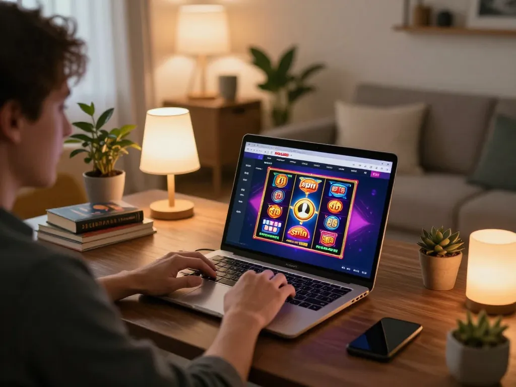 Engaging with HELLO88's online casino through laptop, showcasing thrilling gameplay experience.