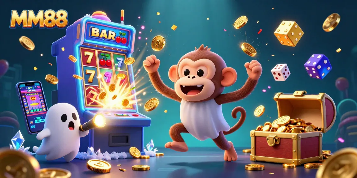 Engage with MM88 casino excitement showcasing a poltergeist monkey juggling gold coins and a playful puppy flashlight tracking it.