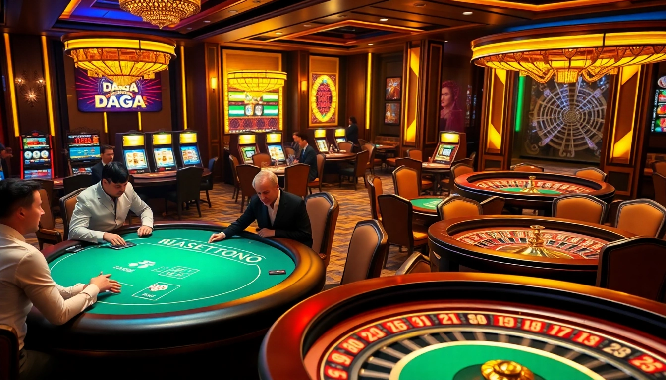 Daga gaming table with professional dealers in a luxurious casino setting.