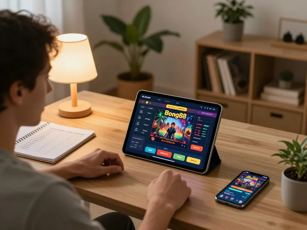 Bong88 player engaged in online casino gaming, showcasing strategy notes in a cozy home setting.