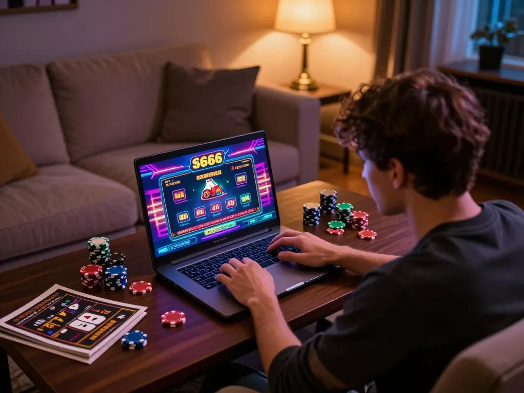 Engaging online gameplay at https://s666hn.com/ reveals a player's intense focus on casino games in a cozy setting.