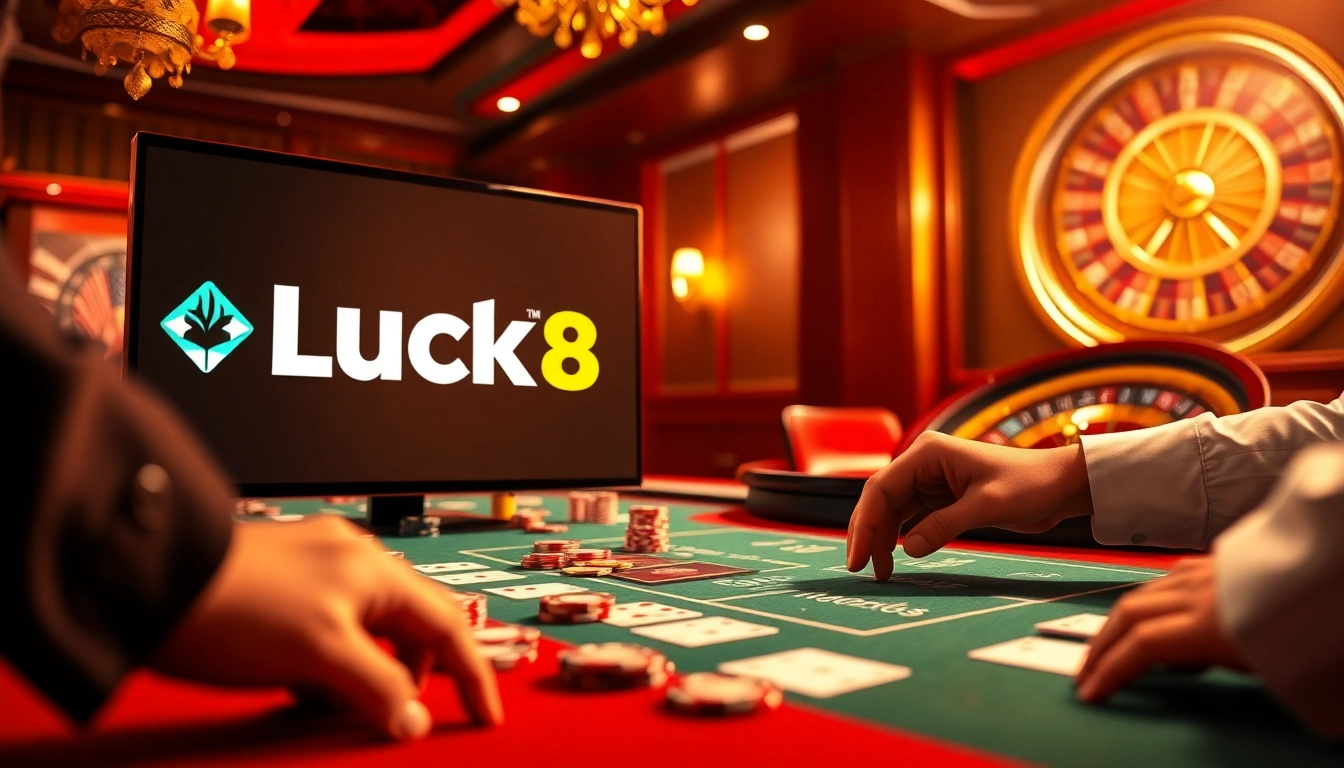 Experience the thrill of high-stakes poker at the Link LUCK8 casino table with vibrant chips.