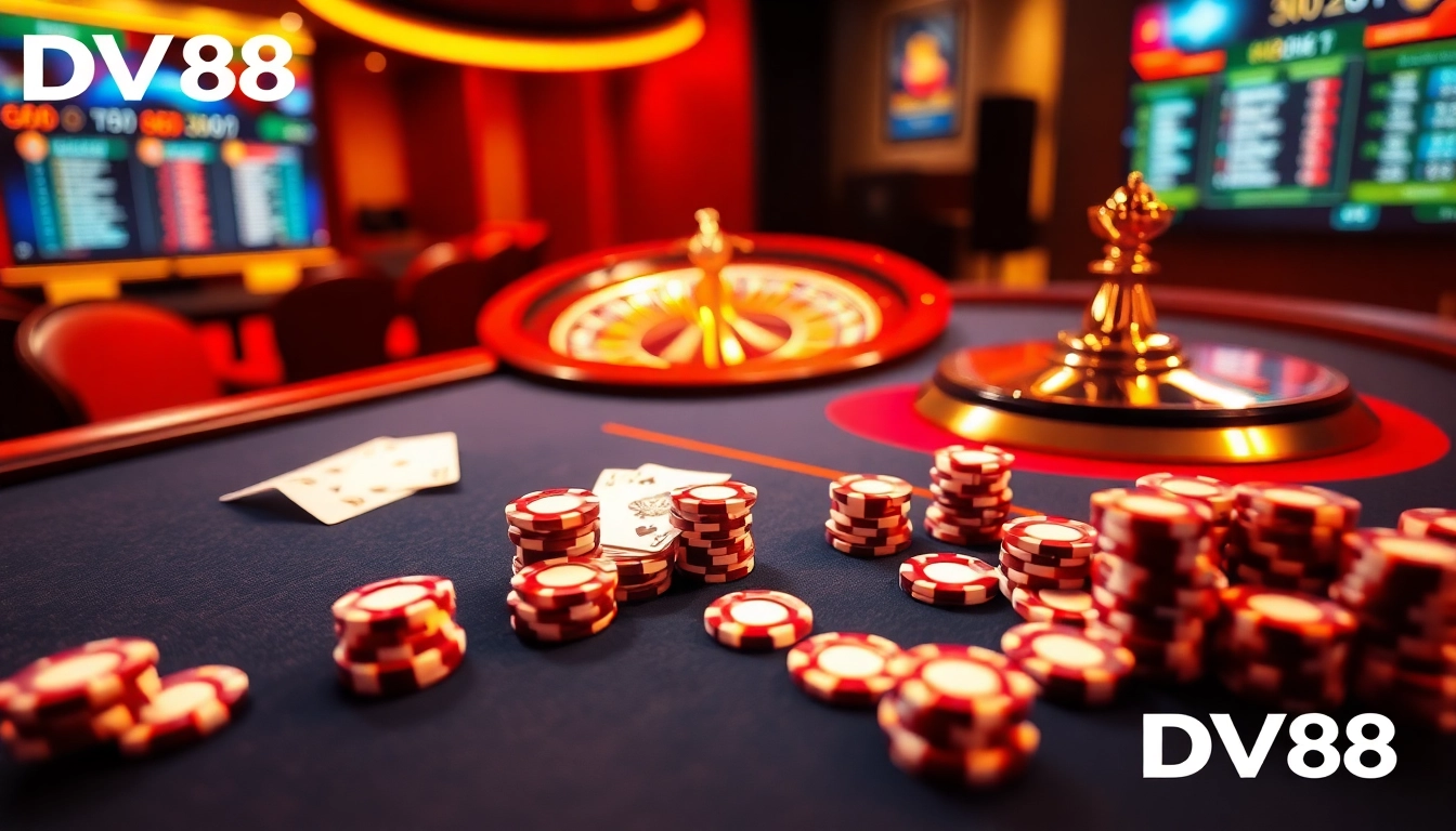 Exciting online casino atmosphere at DV88 with poker chips and roulette wheel, featuring luxury gaming.