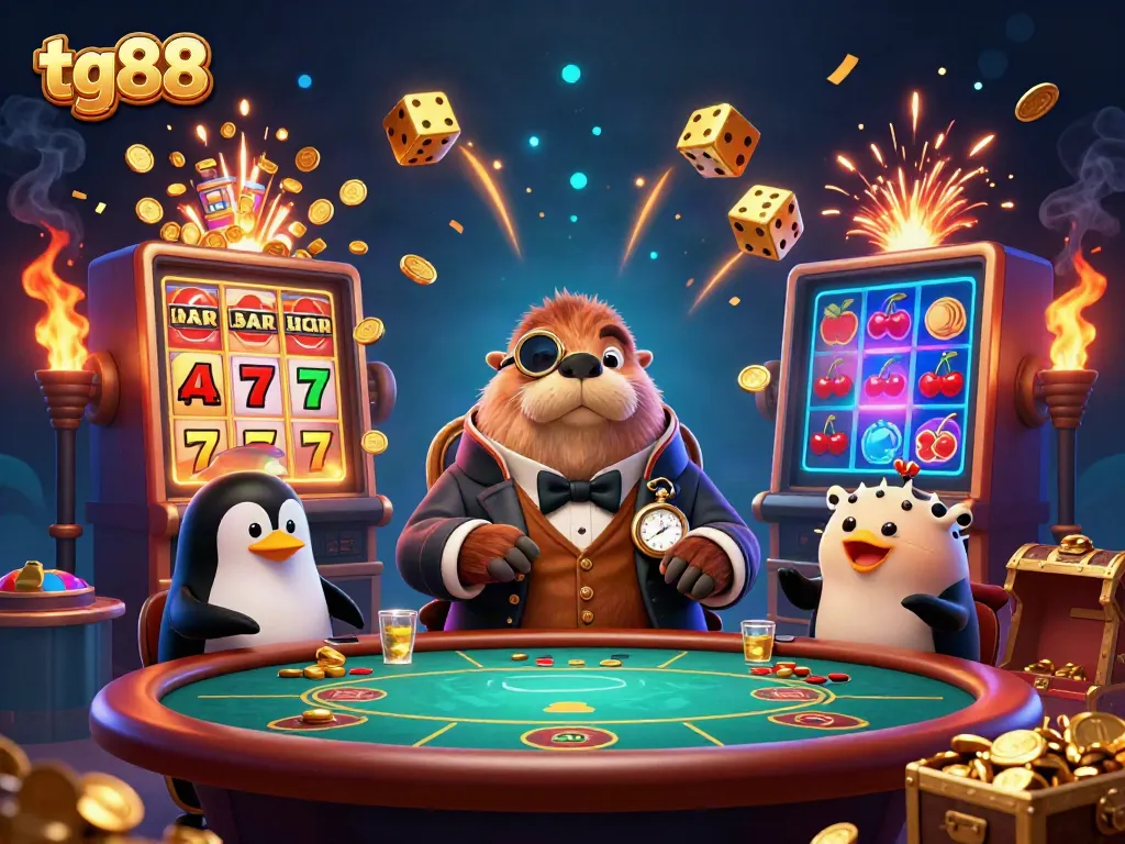 Experience thrilling gameplay at tg88 with a jolly walrus, a penguin dealer, and a bluffing pufferfish at a vibrant underwater poker game.