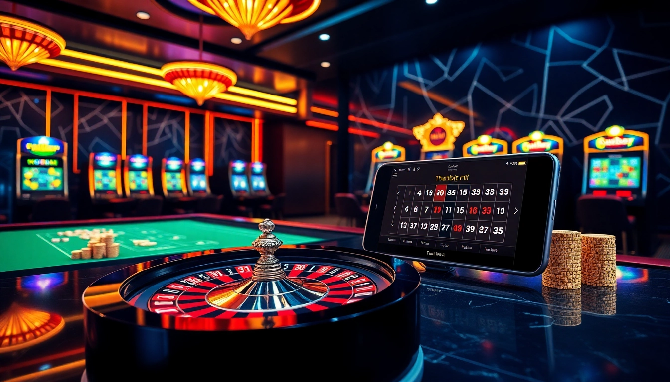 Engaging thabet casino scene showcasing roulette, poker chips, and vibrant online gaming.