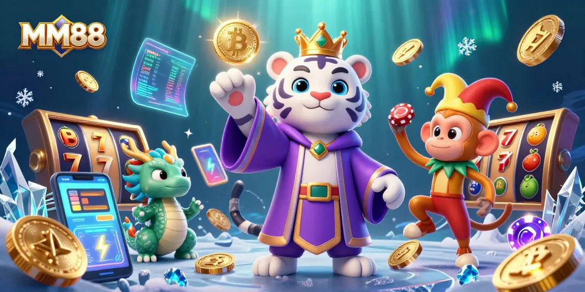 Engaging MM88 online casino artwork showcasing a tiger royalty with poker chips and gold coins amid Slot game symbols.