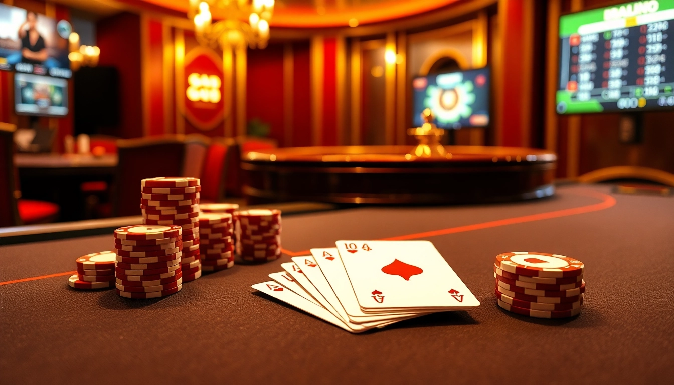 Players engaging at a high-stakes poker table in the go8 casino, surrounded by vibrant chips and roulette.