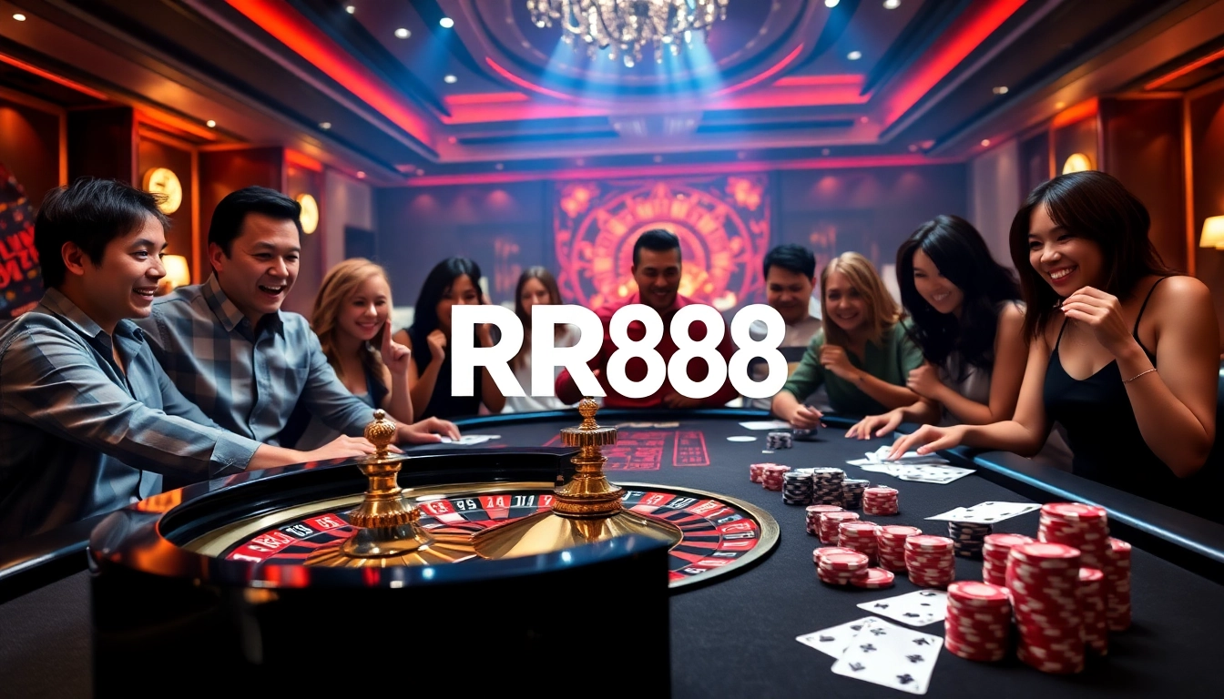 Exciting RR88 casino scene with poker chips and roulette wheel captivating gamblers.