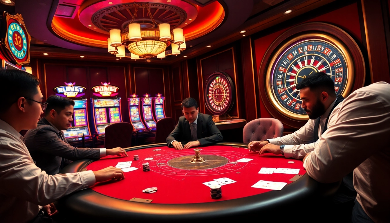 Experience atmospheric luxury at http://luckywinn.cn.com/ with a high-stakes poker game setting surrounded by vibrant slot machines.