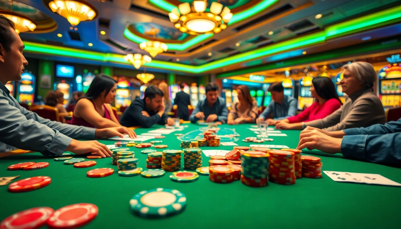 RR88 casino players enjoying vibrant games at a colorful gaming table.