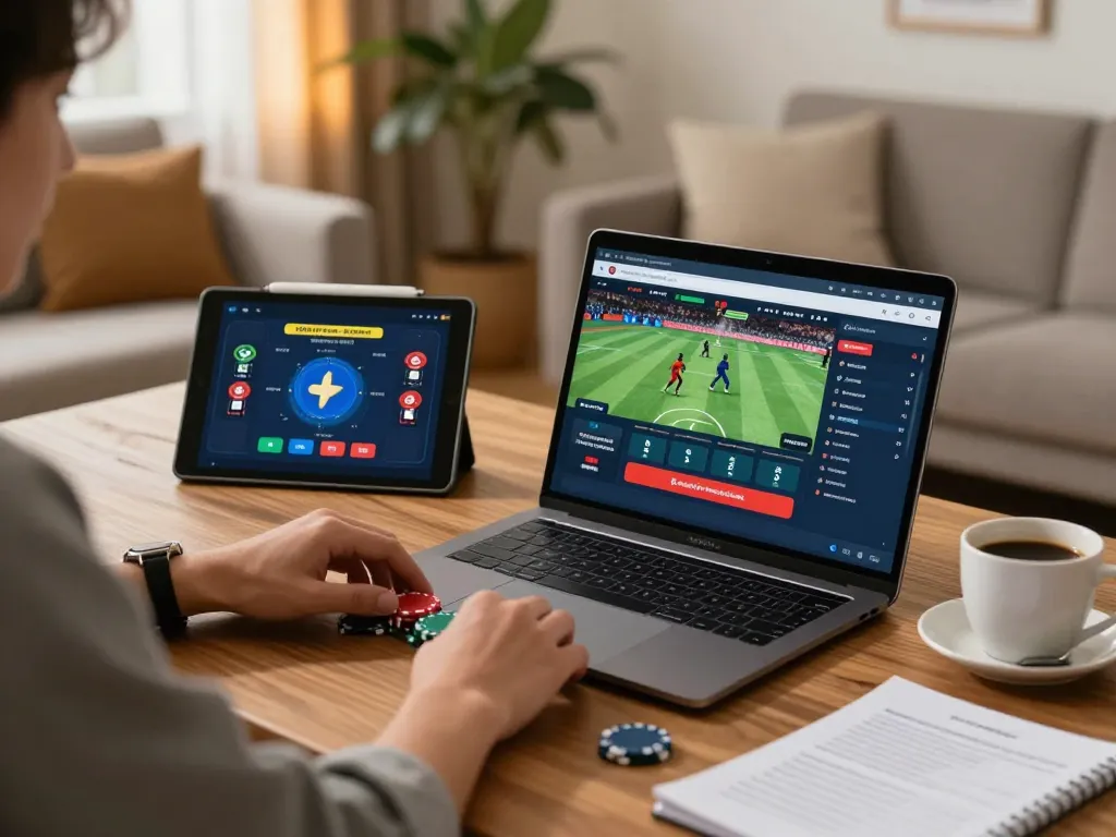 Engaging scene of a player using fly88 casino app on tablet, with poker notes on table.