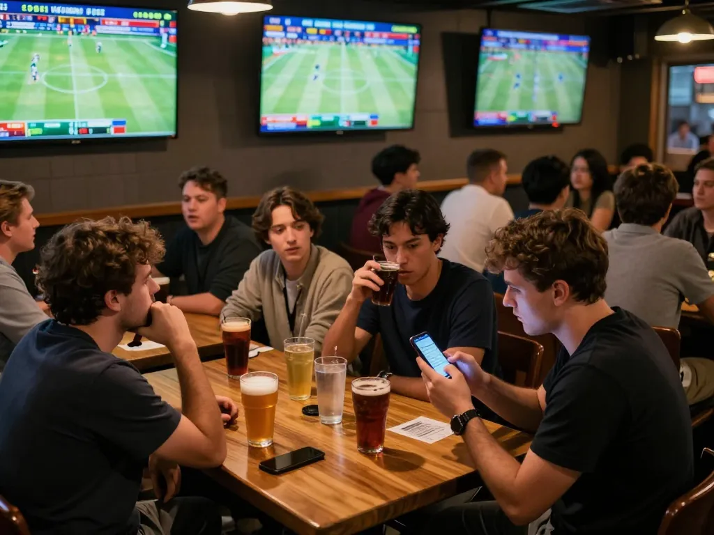 Bsport enthusiast monitors live betting odds during an exciting sports event in a vibrant bar setting.