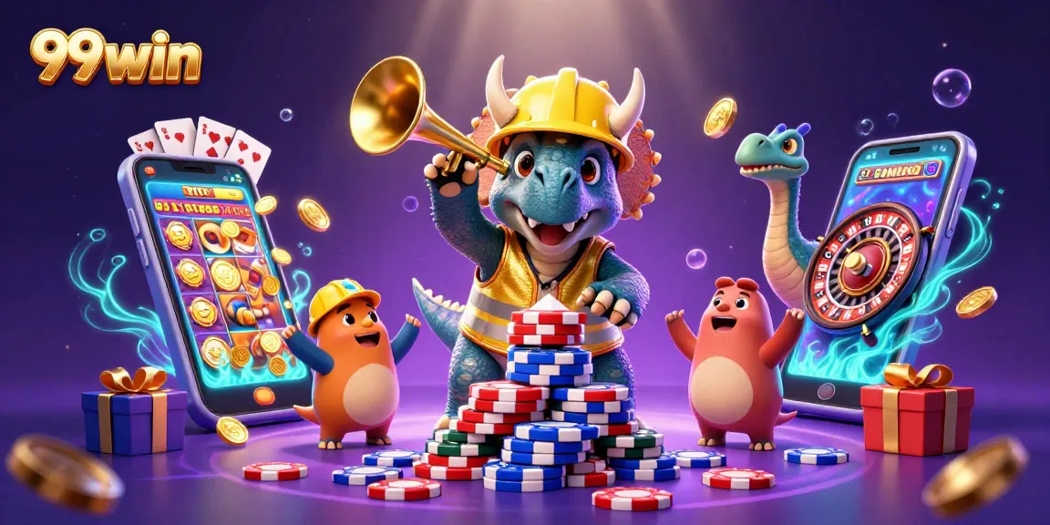 Engage in vibrant 99win gaming action with cartoon dinosaurs celebrating casino fun