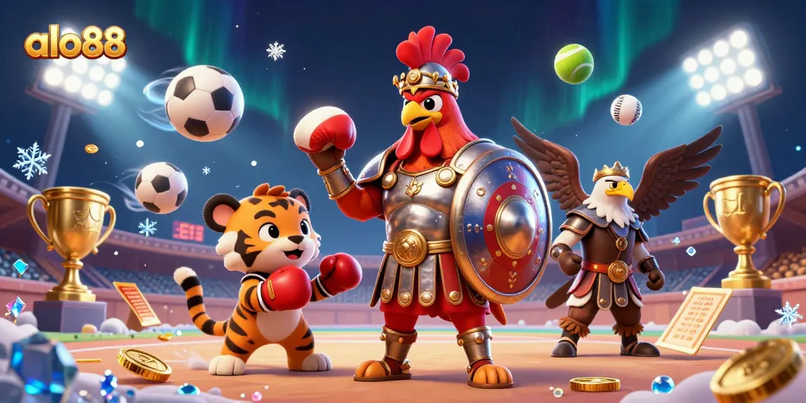 Alo88 features a thrilling 3D illustration showcasing a gladiator rooster in action among dynamic sports elements.