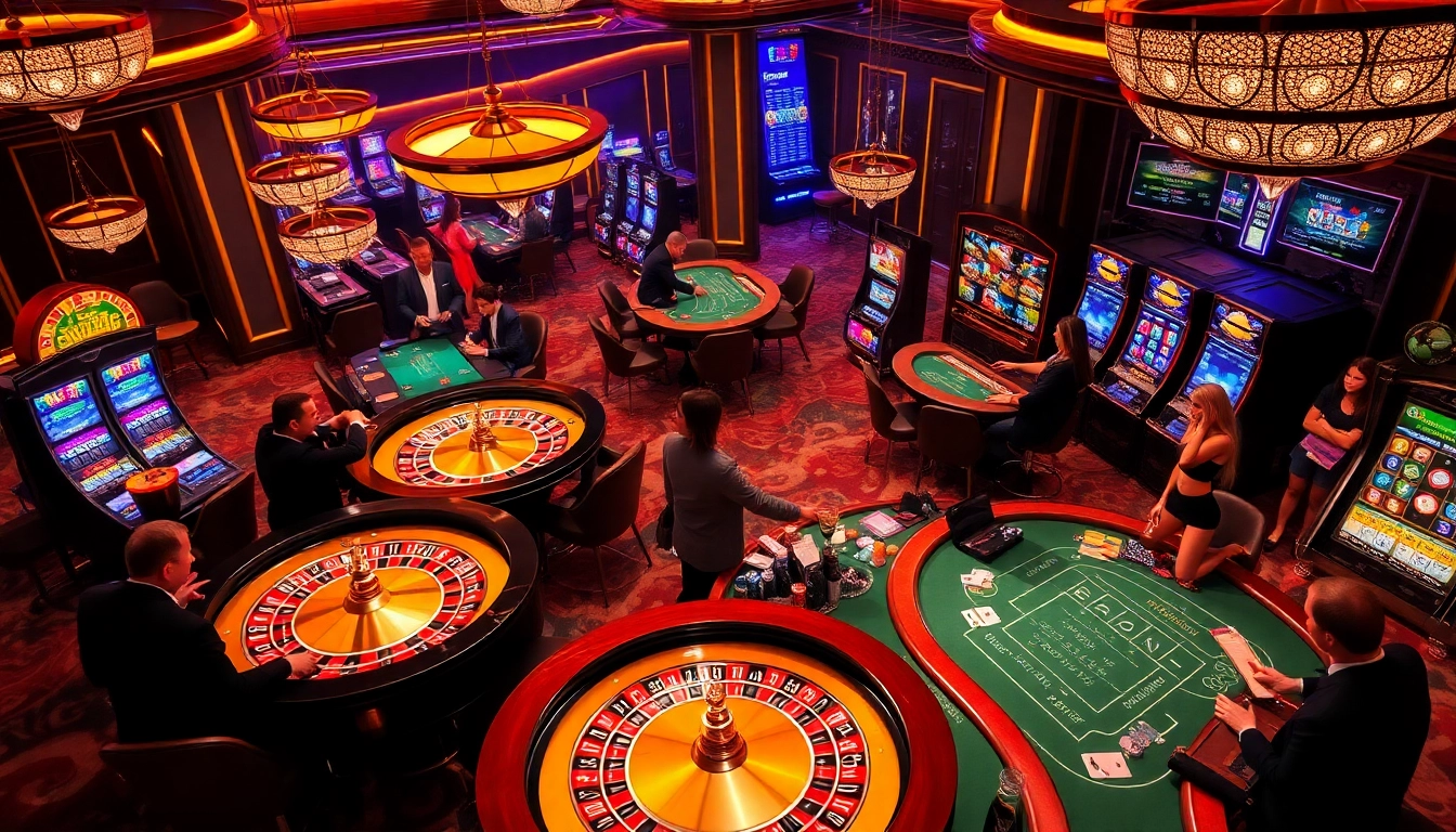 Players enjoying an engaging casino experience at AF88 with roulette wheels and slot machines.