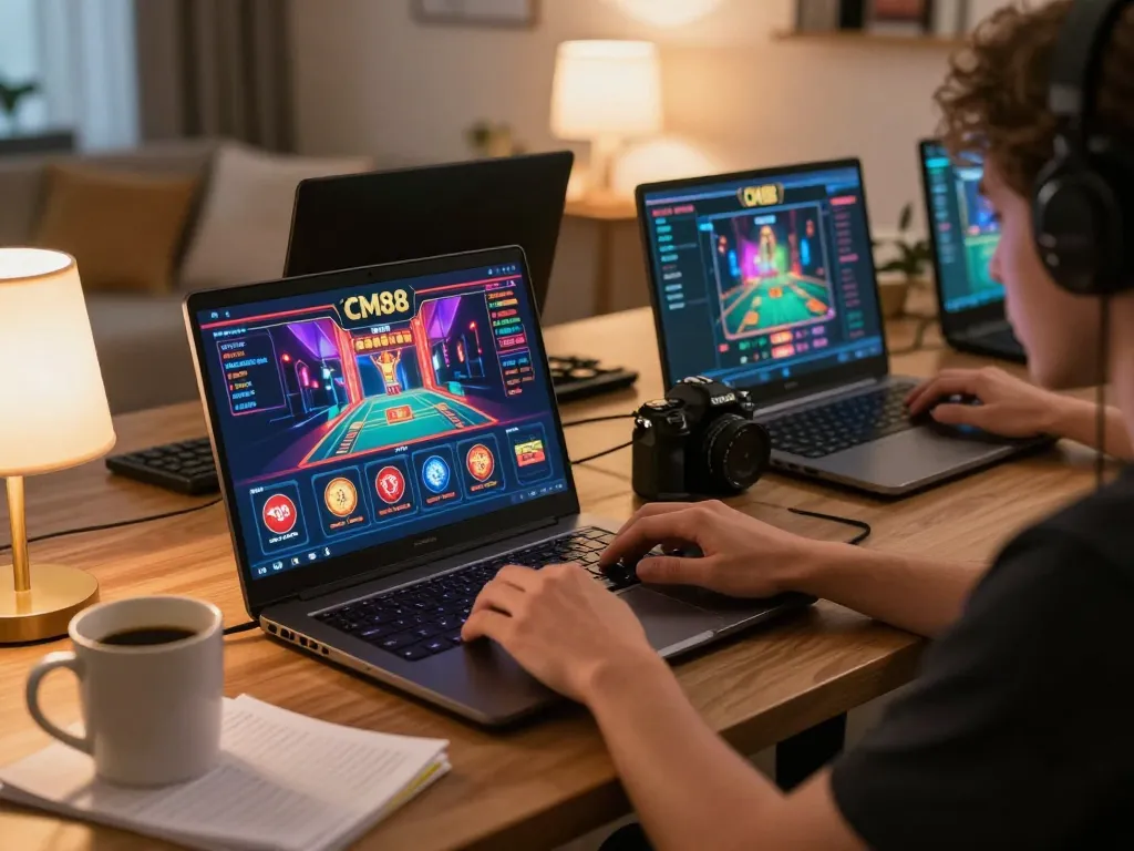 Engaging online gameplay experience with CM88 on a laptop, indicating responsible gambling.
