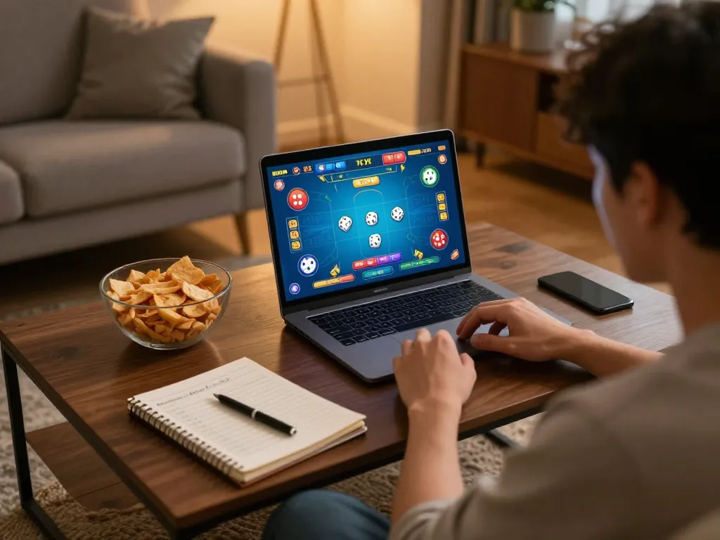 Tài xỉu online gameplay on a laptop in a cozy living room with snacks and strategies visible.