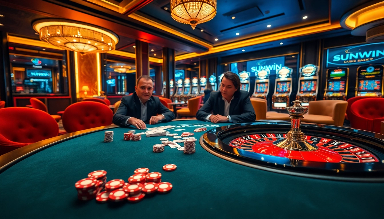 Experience the thrill of SUNWIN with an exciting casino scene featuring poker, roulette, and vibrant players.