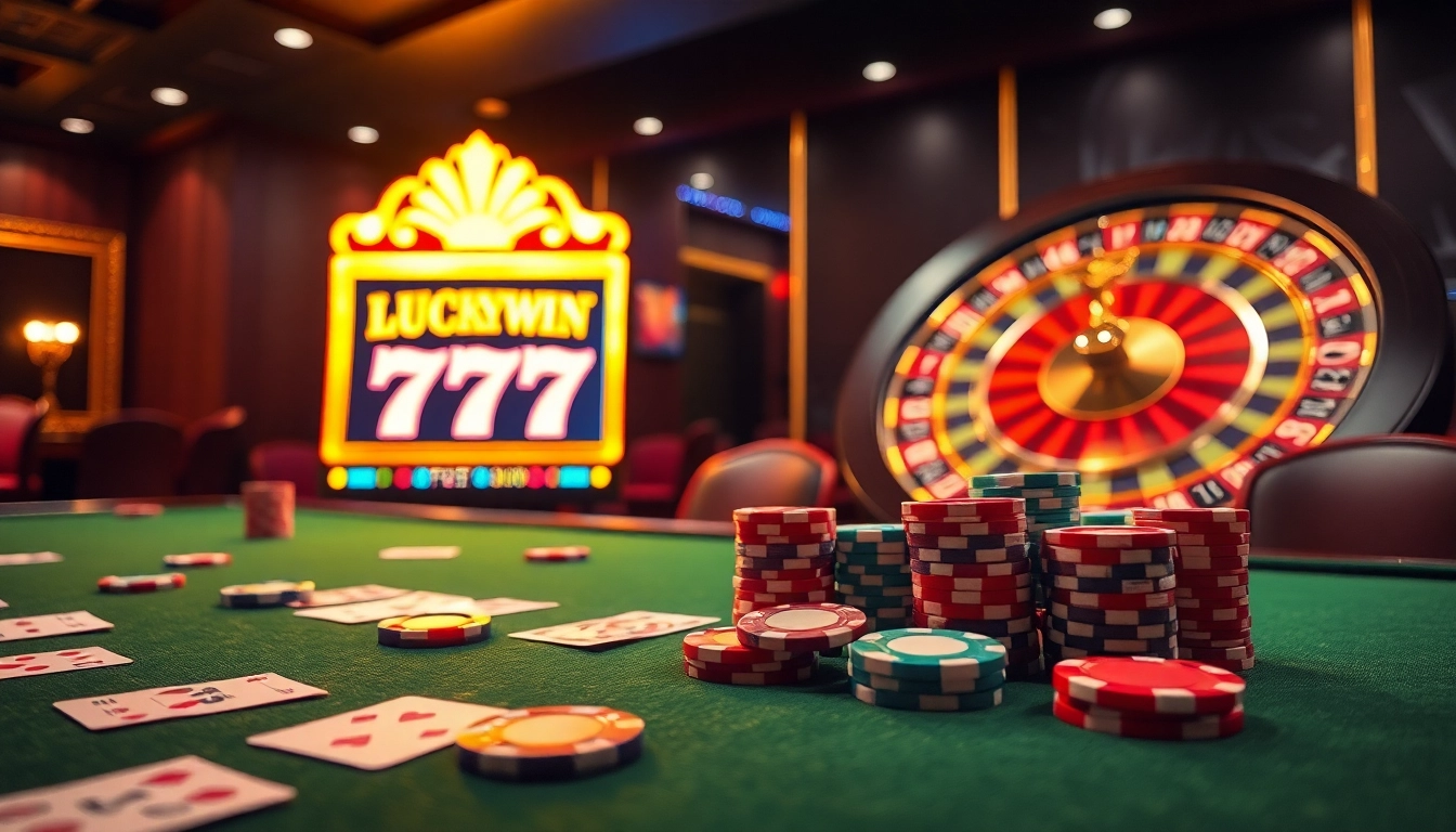 Engaging scene of Luckywin 777 slot machine with poker chips and roulette wheel, capturing vibrant casino excitement.