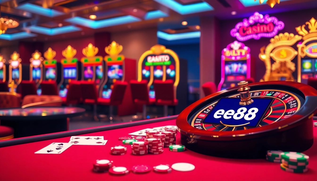 Glimpse into an exciting casino scene with ee88 poker and slot machines, highlighting the thrill of gaming.