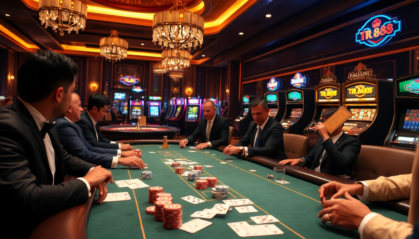 The excitement at a poker table showcasing TR 88 betting slips amidst elegant casino surroundings.