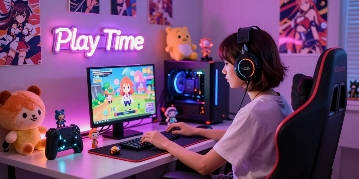 Immersive gaming scene showcasing free ecchi games with a woman focused on her laptop in a vibrant room.