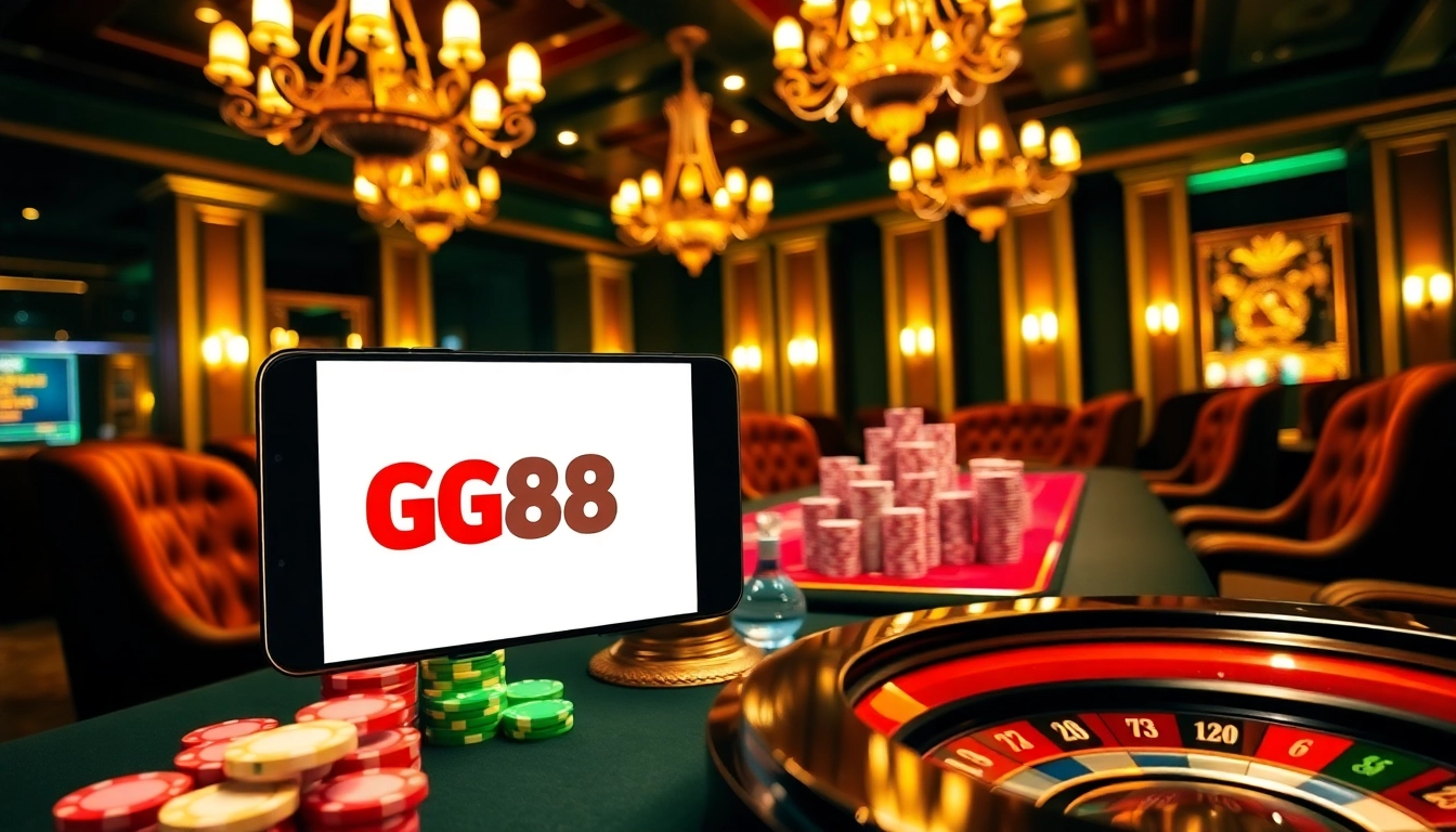 GG88 poker scene showcasing a luxury gaming atmosphere with vibrant chips, cards, and a roulette wheel.