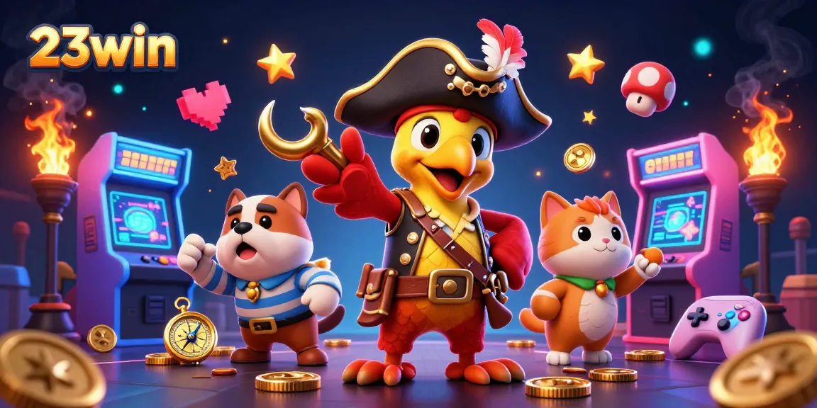 Immerse in 23win's vibrant casino world with a pirate captain, his bulldog mate, and a cat navigator.