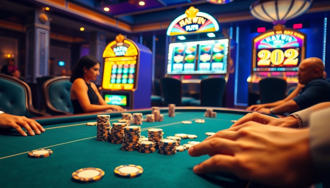 Engaging gamblers at a Haywin-branded poker table, showcasing strategy and high-stakes excitement.