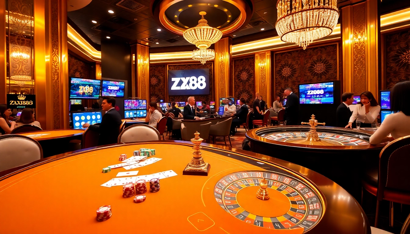 Experience the luxury of ZX88 gaming with vibrant casino tables and excited players.