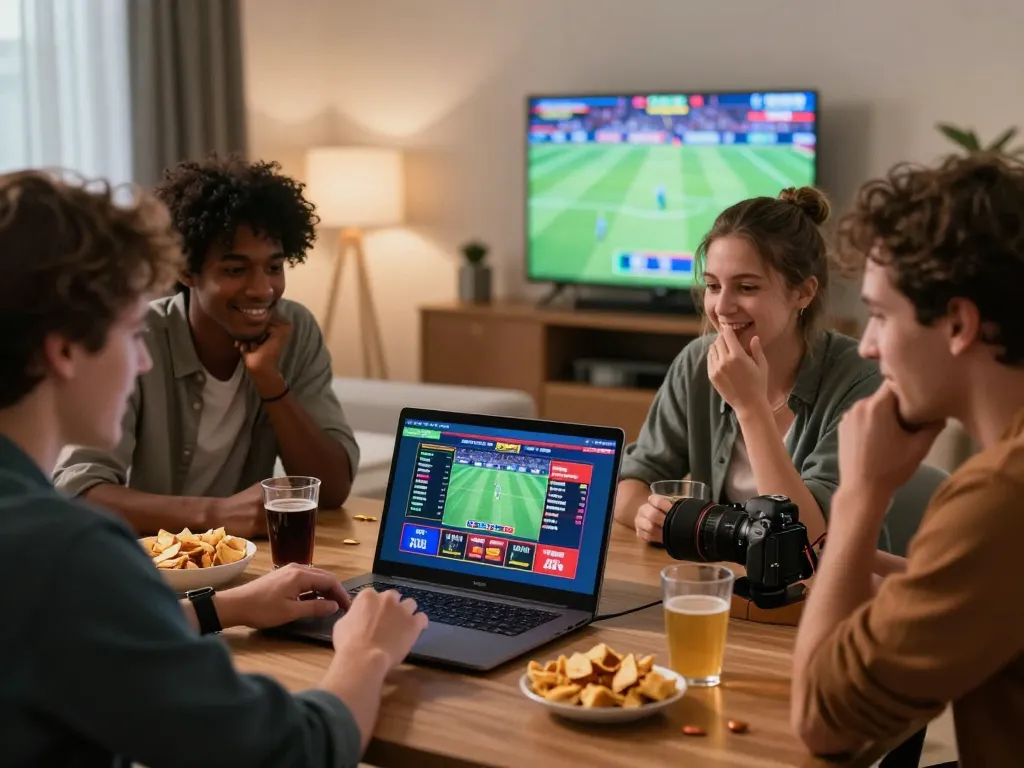 Friends enjoying online betting on vaobong88 1gom sports events in a lively living room.