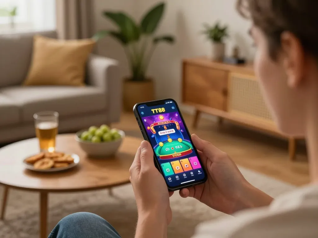 Player engaging in mobile gaming on the TT88 app in a cozy home environment