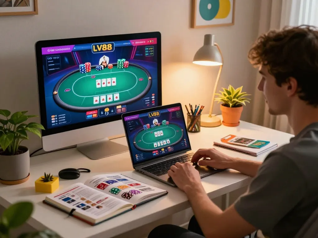 LV88 player engaging in an online poker game at home with visible strategy notes.