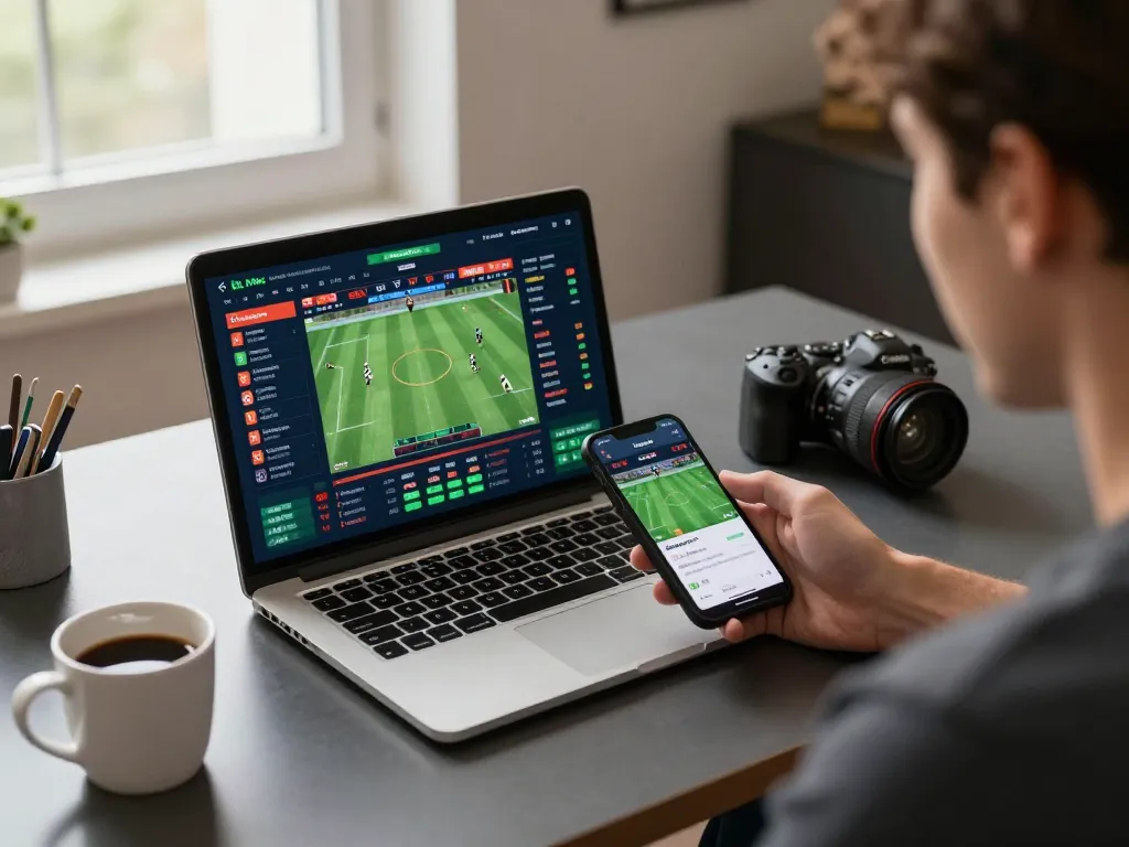 Engaged gambler analyzing live sports odds on mb66, capturing the excitement of online betting.