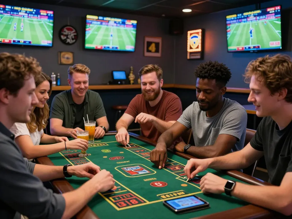 Exciting live sports betting scene with friends enjoying Topbet experience at a sports bar, capturing lively atmosphere and thrill.