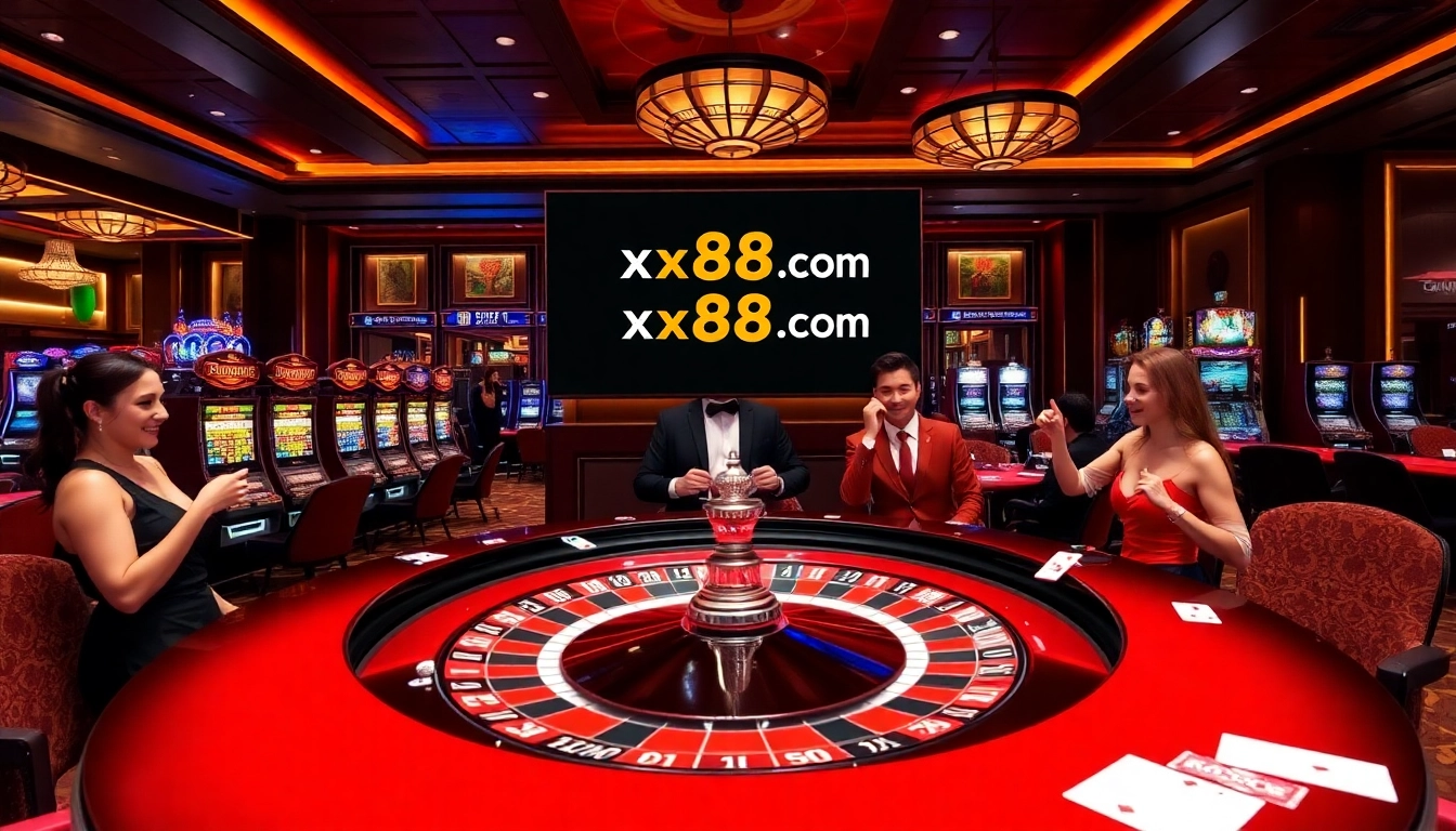 Players engaging with the roulette table at a casino while promoting xx88.com for online gambling excitement.