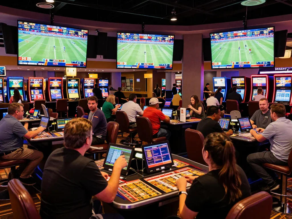 Sbobet bettors placing wagers in an exciting casino sports betting area with live match displays